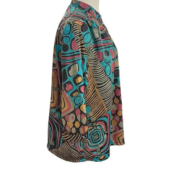 Vintage Over Star Large 100% Silk Mandarin Button Band Collar Jungle Pattern - Picture 5 of 8